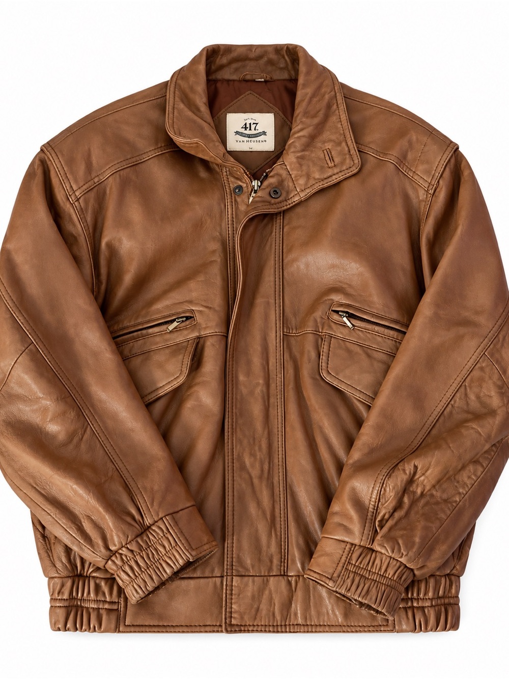Van Heusen Men's Chestnut Brown Leather Bomber Jacket